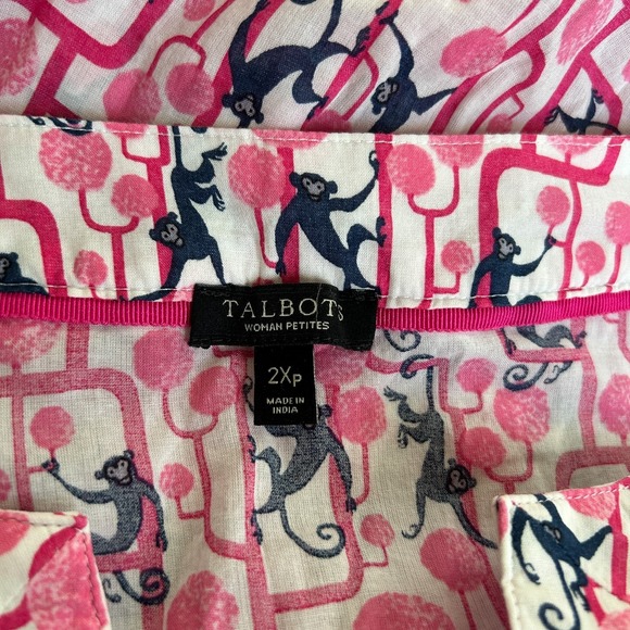 Talbots 2X Petite Women's Shirt Monkey Print Henley Top 3/4 Sleeve Cotton Blouse - Picture 8 of 9